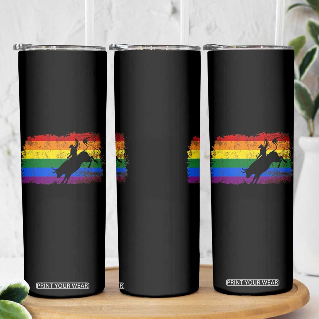 Rodeo Cowboy Bull Rider Western LGBTQ Rainbow Flag Skinny Tumbler