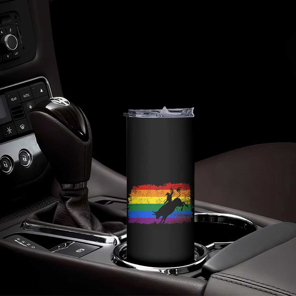 Rodeo Cowboy Bull Rider Western LGBTQ Rainbow Flag Skinny Tumbler