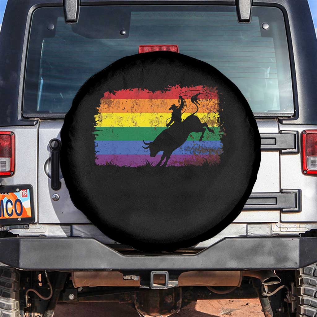 Rodeo Cowboy Bull Rider Western LGBTQ Rainbow Flag Spare Tire Cover TS14 No hole Black Print Your Wear