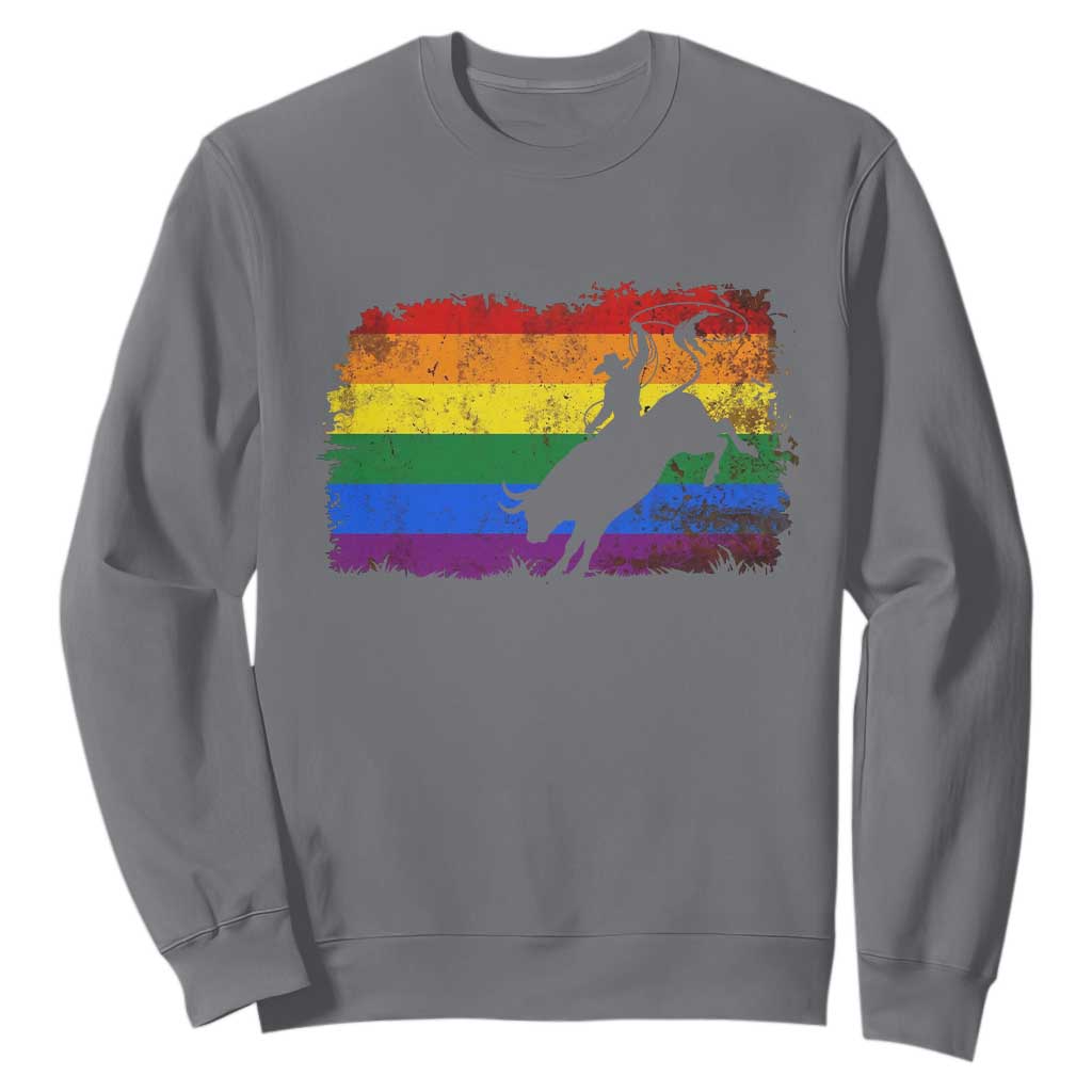 Rodeo Cowboy Bull Rider Western LGBTQ Rainbow Flag Sweatshirt TS14 Charcoal Print Your Wear