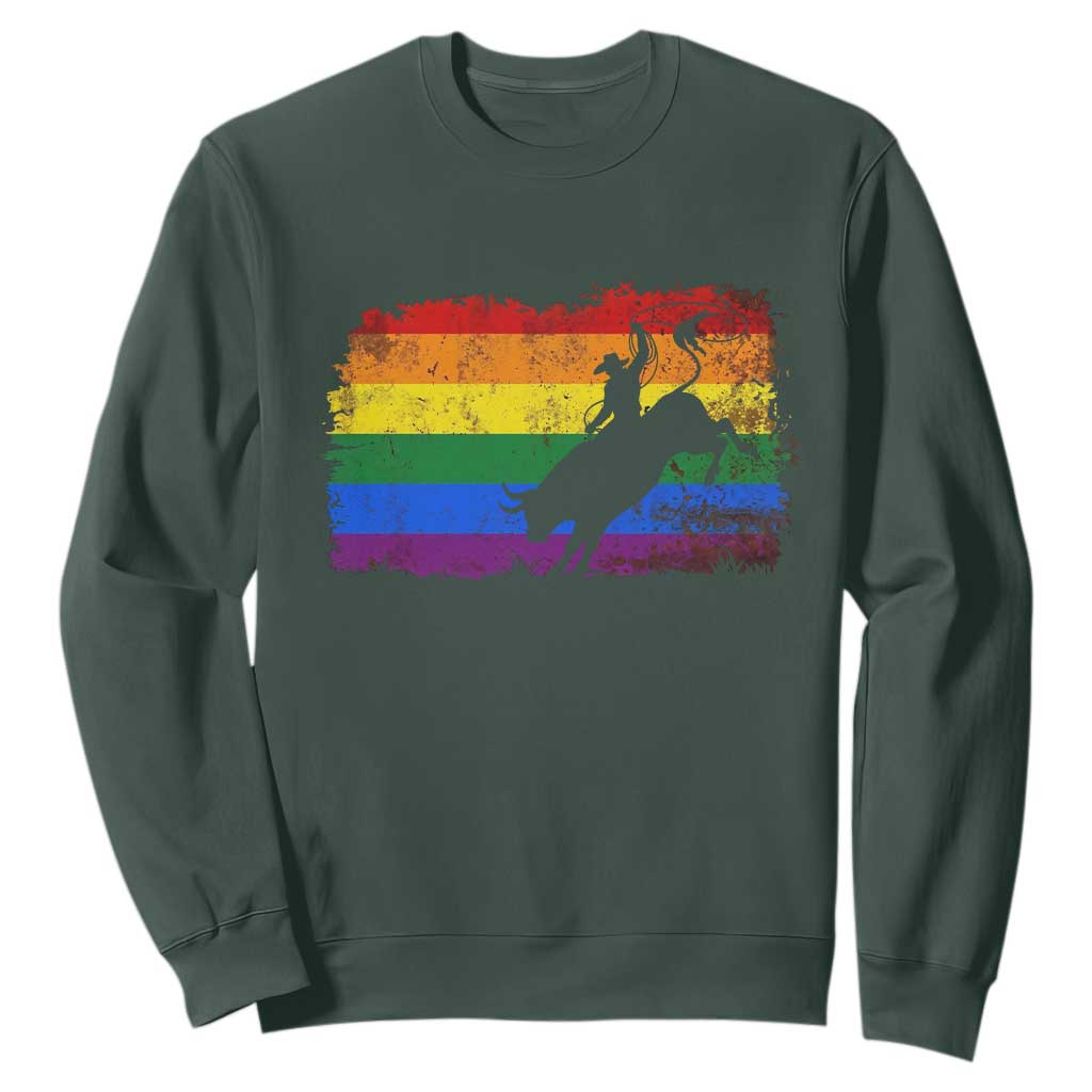 Rodeo Cowboy Bull Rider Western LGBTQ Rainbow Flag Sweatshirt TS14 Dark Forest Green Print Your Wear