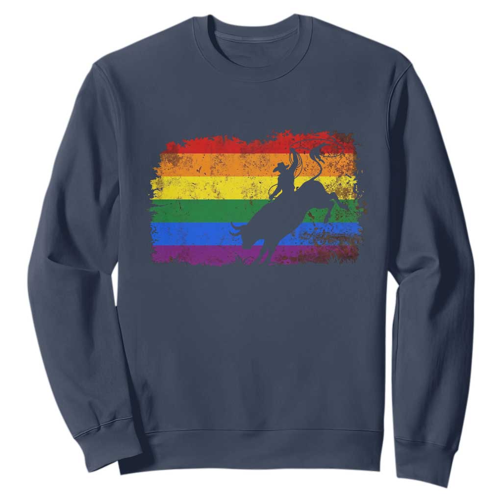 Rodeo Cowboy Bull Rider Western LGBTQ Rainbow Flag Sweatshirt TS14 Navy Print Your Wear