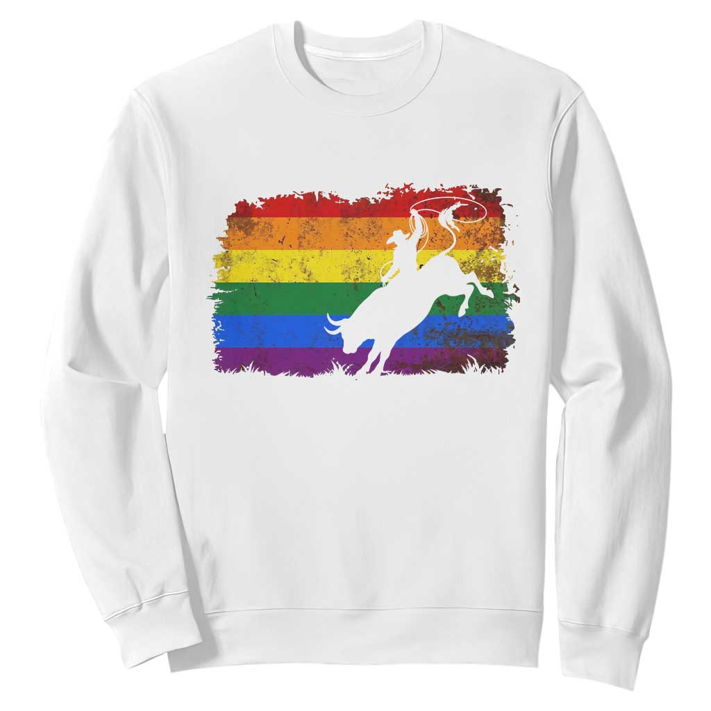 Rodeo Cowboy Bull Rider Western LGBTQ Rainbow Flag Sweatshirt TS14 White Print Your Wear