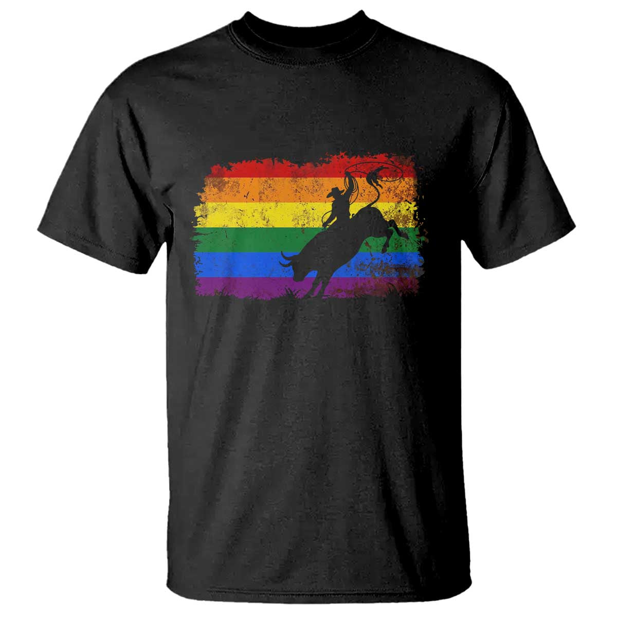 Rodeo Cowboy Bull Rider Western LGBTQ Rainbow Flag T Shirt TS14 Black Print Your Wear