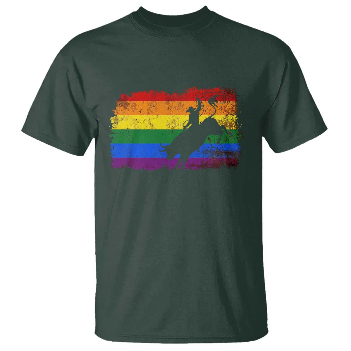 Rodeo Cowboy Bull Rider Western LGBTQ Rainbow Flag T Shirt TS14 Dark Forest Green Print Your Wear