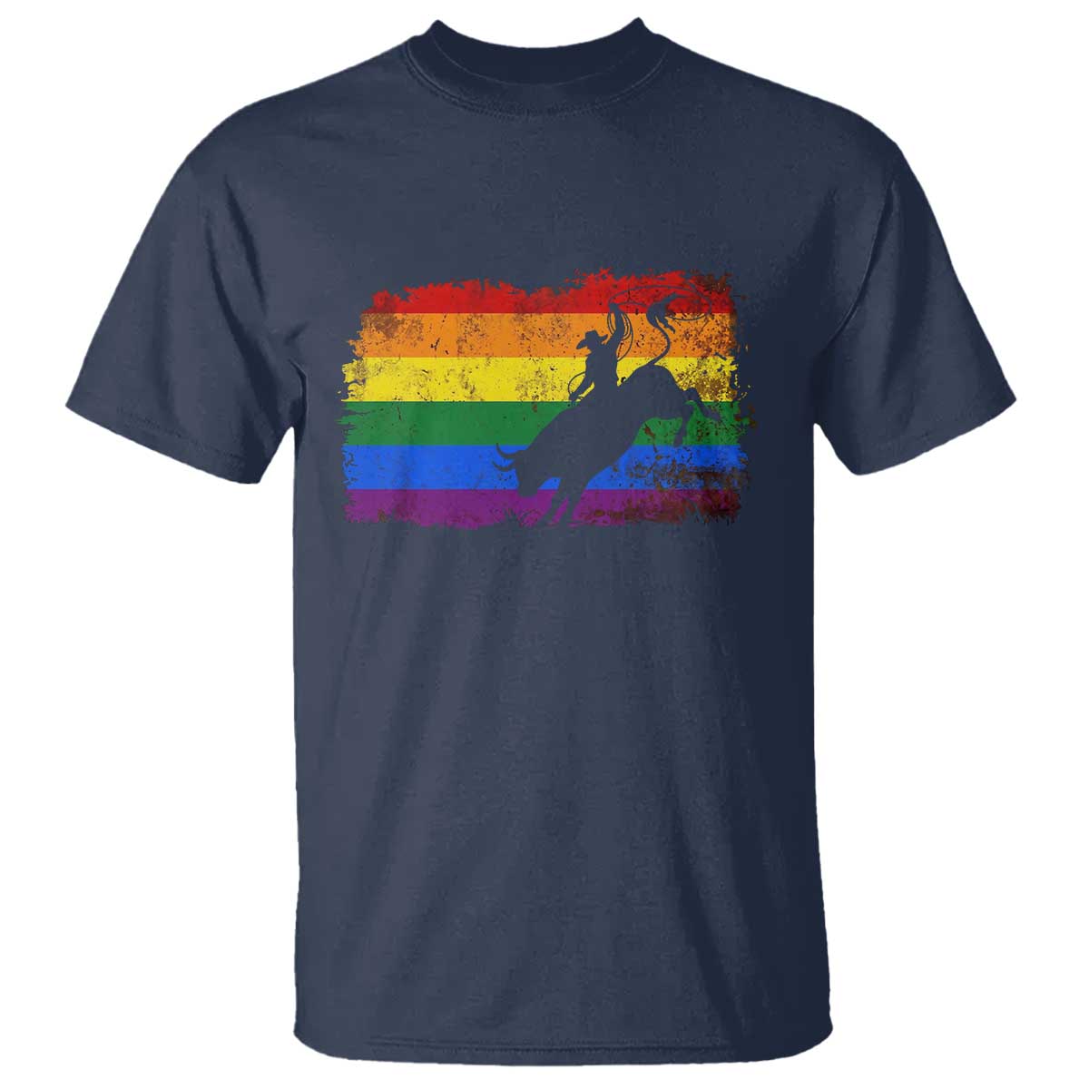 Rodeo Cowboy Bull Rider Western LGBTQ Rainbow Flag T Shirt TS14 Navy Print Your Wear