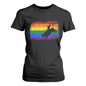 Rodeo Cowboy Bull Rider Western LGBTQ Rainbow Flag T Shirt For Women TS14 Black Print Your Wear