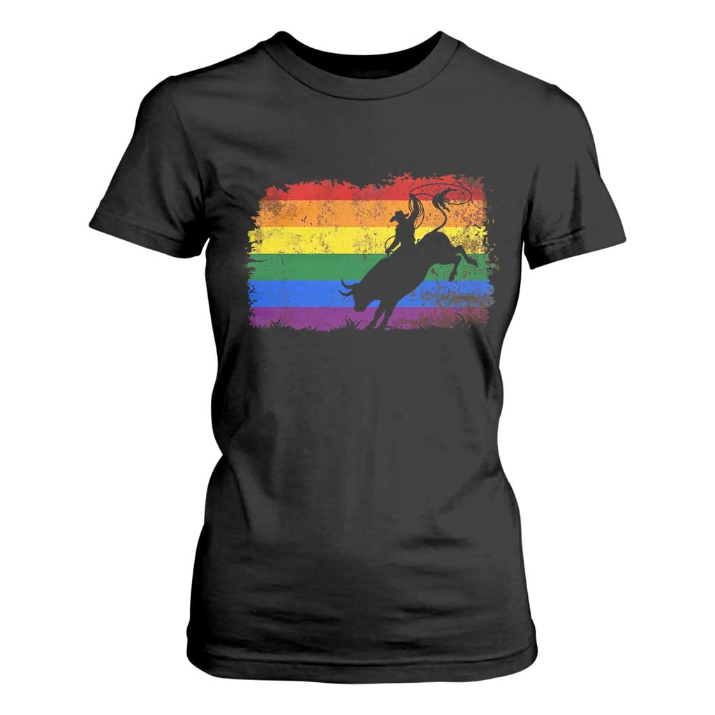 Rodeo Cowboy Bull Rider Western LGBTQ Rainbow Flag T Shirt For Women TS14 Black Print Your Wear