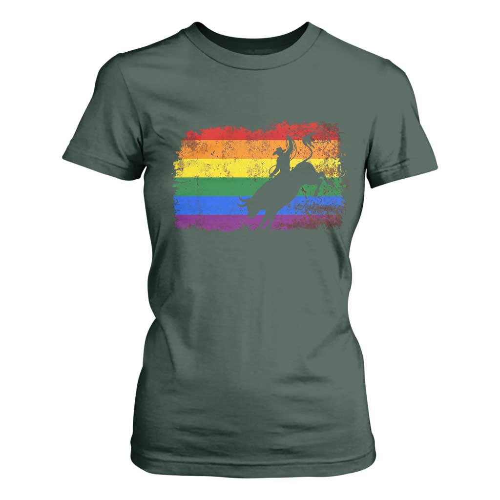 Rodeo Cowboy Bull Rider Western LGBTQ Rainbow Flag T Shirt For Women TS14 Dark Forest Green Print Your Wear