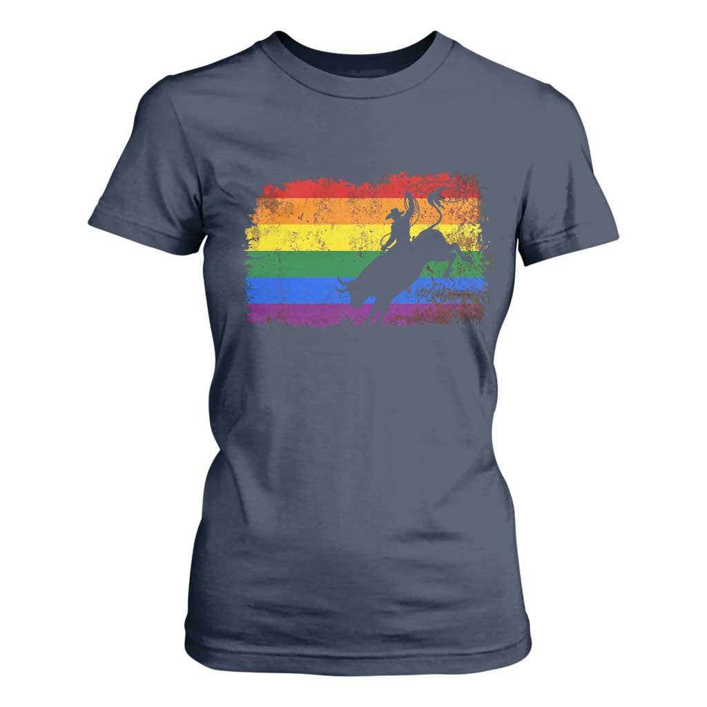 Rodeo Cowboy Bull Rider Western LGBTQ Rainbow Flag T Shirt For Women TS14 Navy Print Your Wear