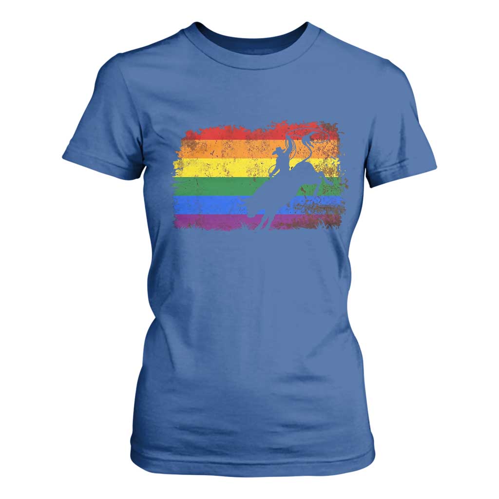 Rodeo Cowboy Bull Rider Western LGBTQ Rainbow Flag T Shirt For Women TS14 Royal Blue Print Your Wear
