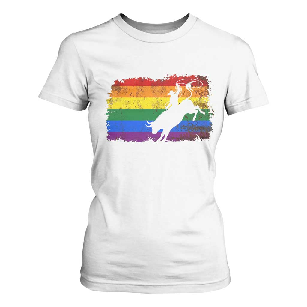 Rodeo Cowboy Bull Rider Western LGBTQ Rainbow Flag T Shirt For Women TS14 White Print Your Wear
