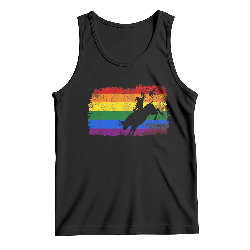 Rodeo Cowboy Bull Rider Western LGBTQ Rainbow Flag Tank Top TS14 Black Print Your Wear