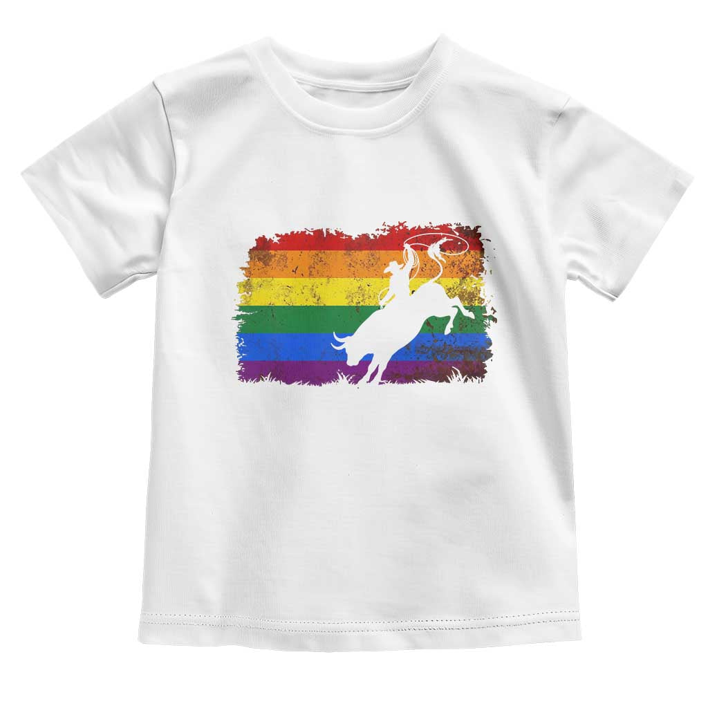 Rodeo Cowboy Bull Rider Western LGBTQ Rainbow Flag Toddler T Shirt TS14 White Print Your Wear