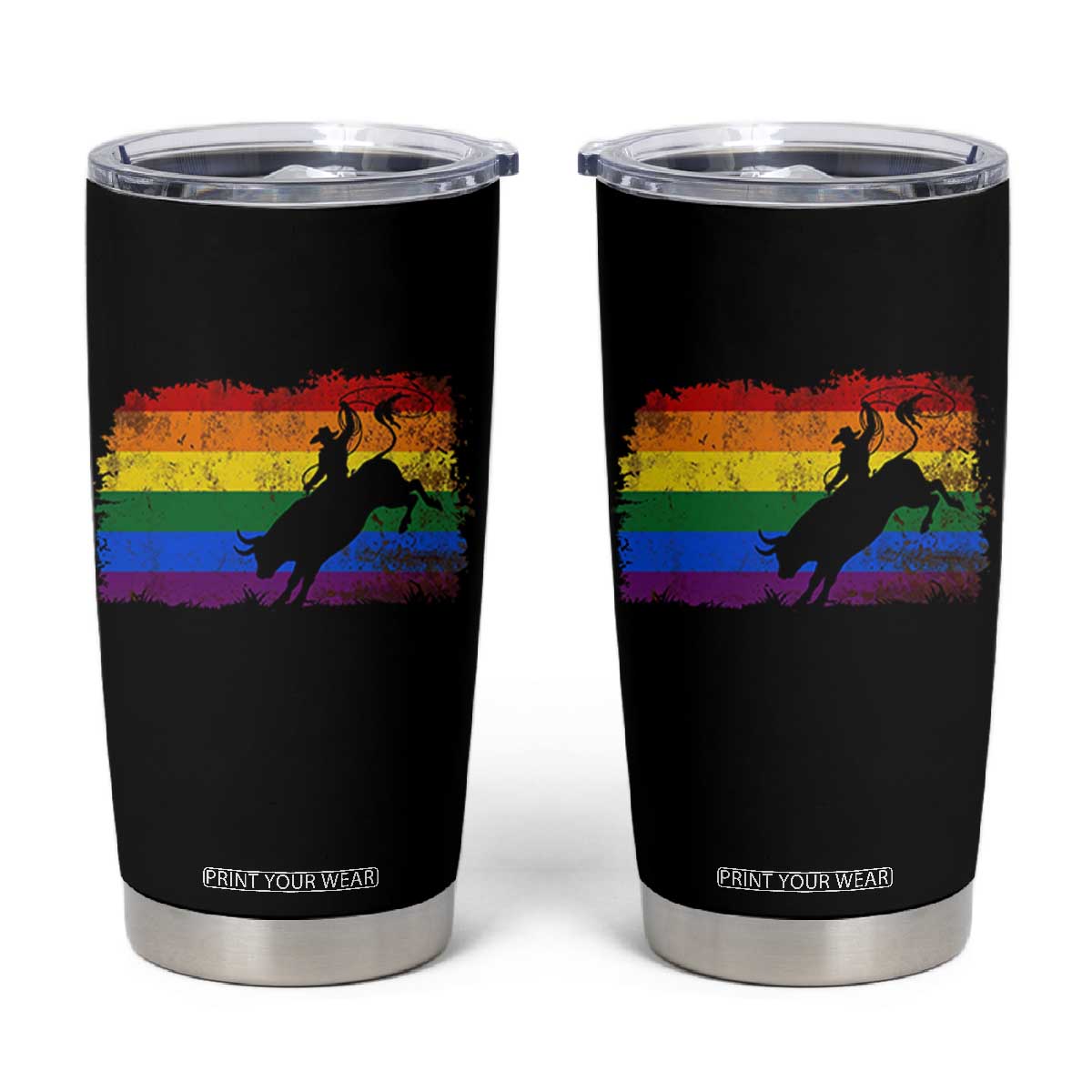 Rodeo Cowboy Bull Rider Western LGBTQ Rainbow Flag Tumbler Cup TS14 Black Print Your Wear