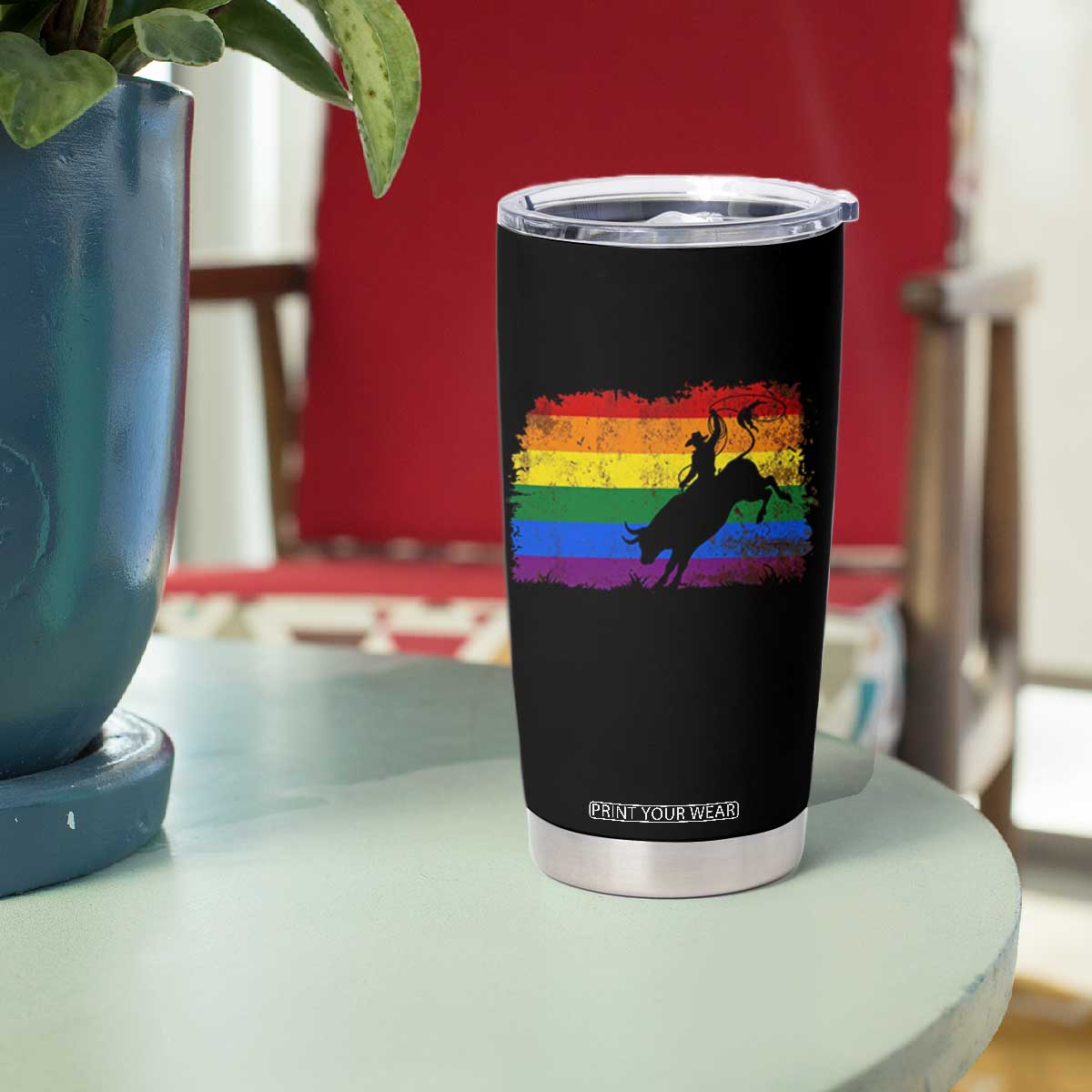 Rodeo Cowboy Bull Rider Western LGBTQ Rainbow Flag Tumbler Cup TS14 Print Your Wear