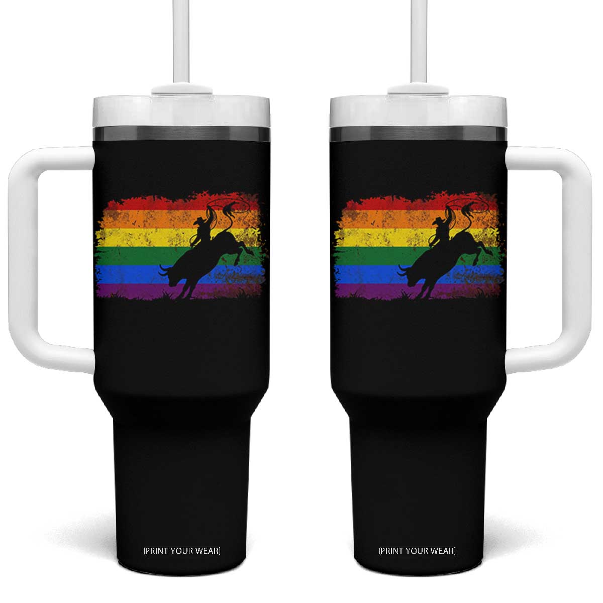 Rodeo Cowboy Bull Rider Western LGBTQ Rainbow Flag Tumbler With Handle TS14 One Size: 40 oz Black Print Your Wear