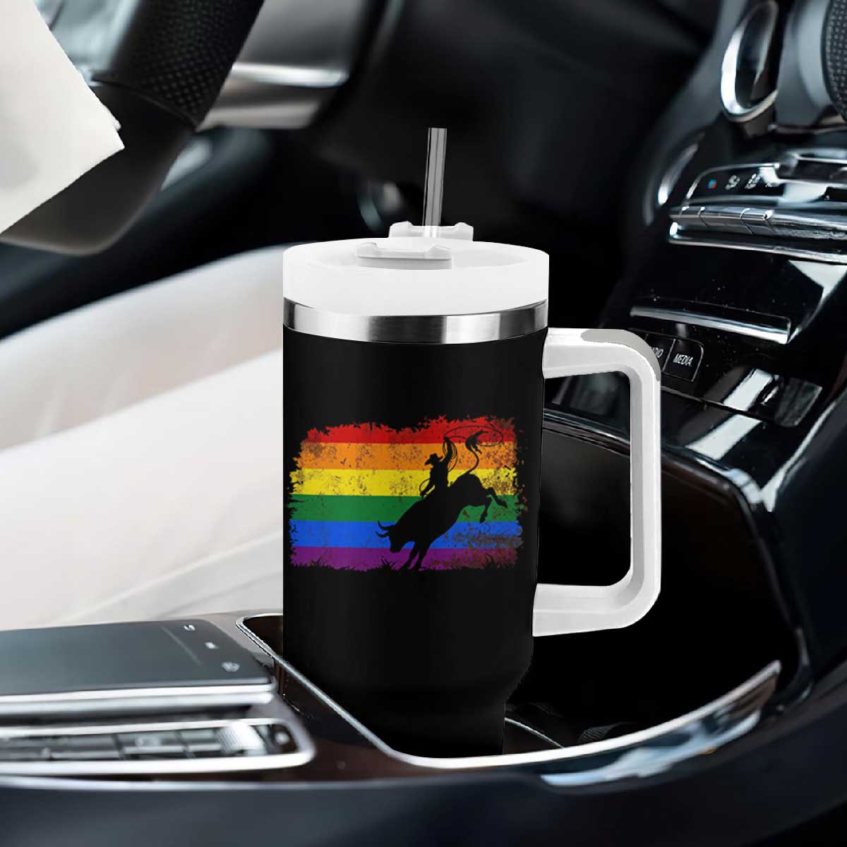 Rodeo Cowboy Bull Rider Western LGBTQ Rainbow Flag Tumbler With Handle