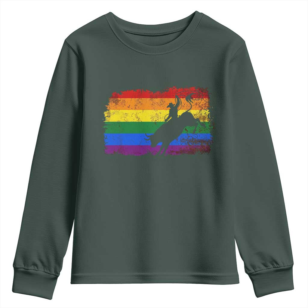 Rodeo Cowboy Bull Rider Western LGBTQ Rainbow Flag Youth Sweatshirt TS14 Dark Forest Green Print Your Wear