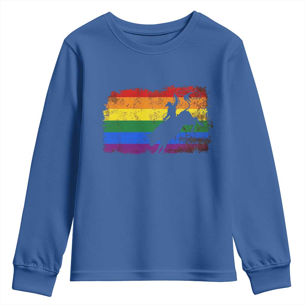 Rodeo Cowboy Bull Rider Western LGBTQ Rainbow Flag Youth Sweatshirt TS14 Royal Blue Print Your Wear