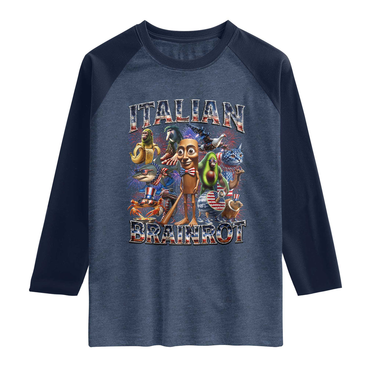 Funny Italian Brainrot Meme 4th of July Raglan Shirt TS14 Heather Denim Navy Print Your Wear