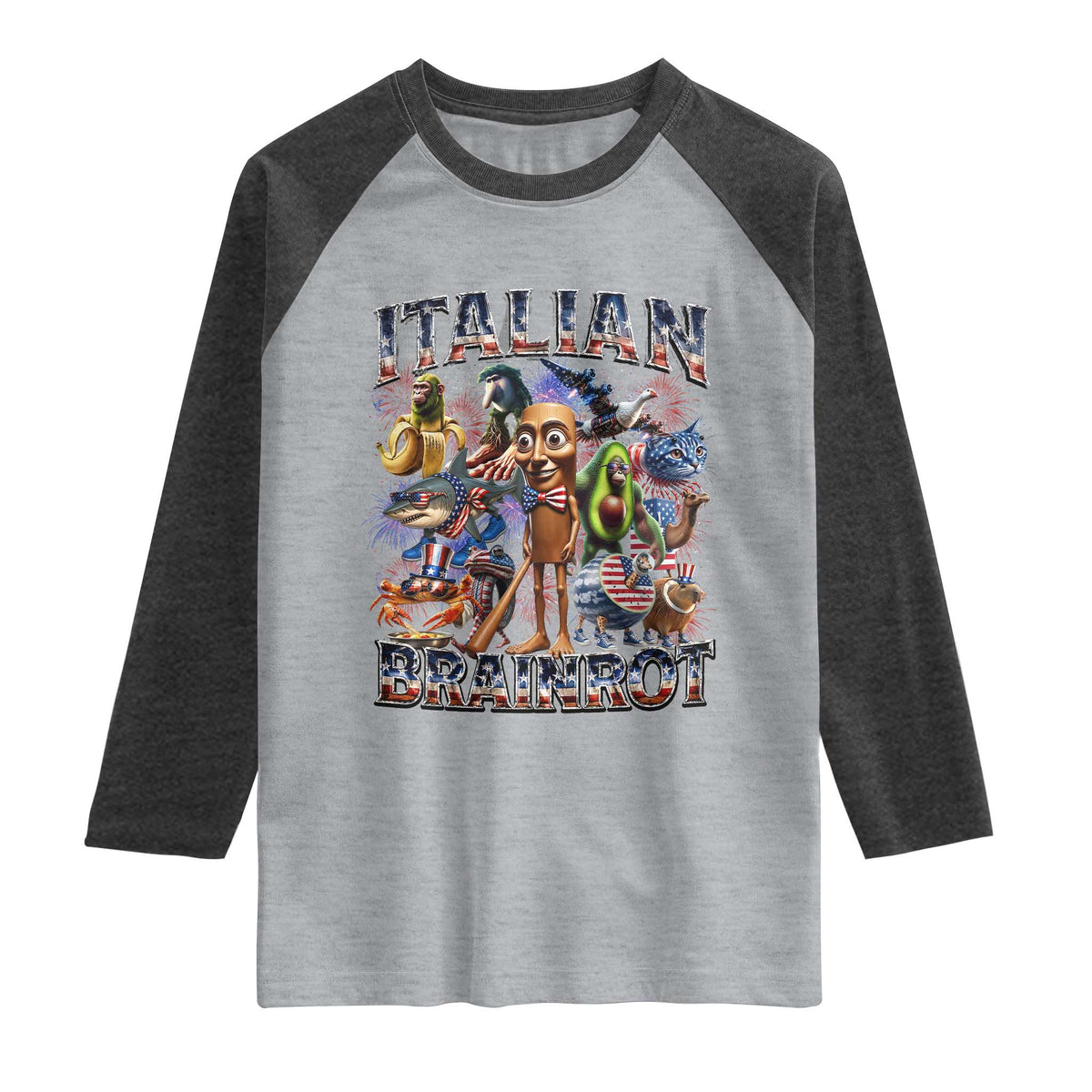 Funny Italian Brainrot Meme 4th of July Raglan Shirt TS14 Heather Gray Heather Charcoal Print Your Wear