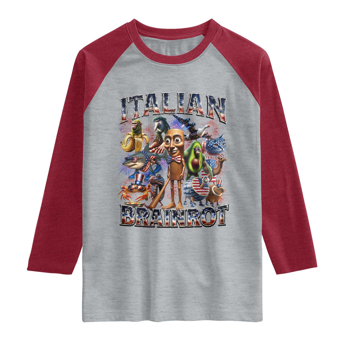 Funny Italian Brainrot Meme 4th of July Raglan Shirt TS14 Heather Gray Heather Red Print Your Wear