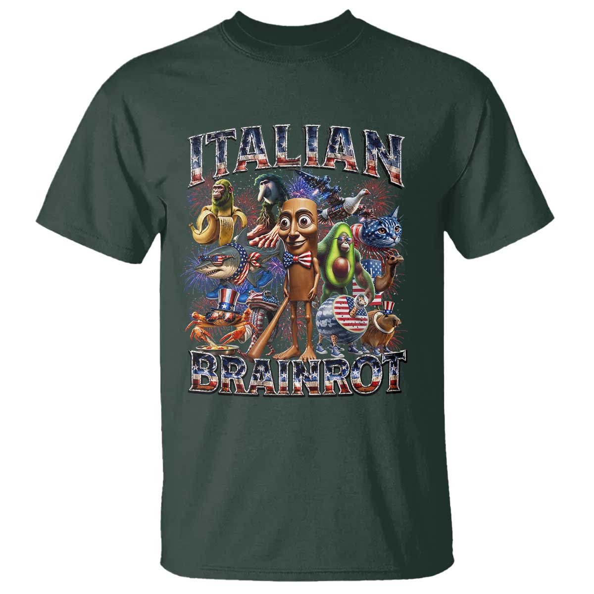 Funny Italian Brainrot Meme 4th of July T Shirt TS14 Dark Forest Green Print Your Wear