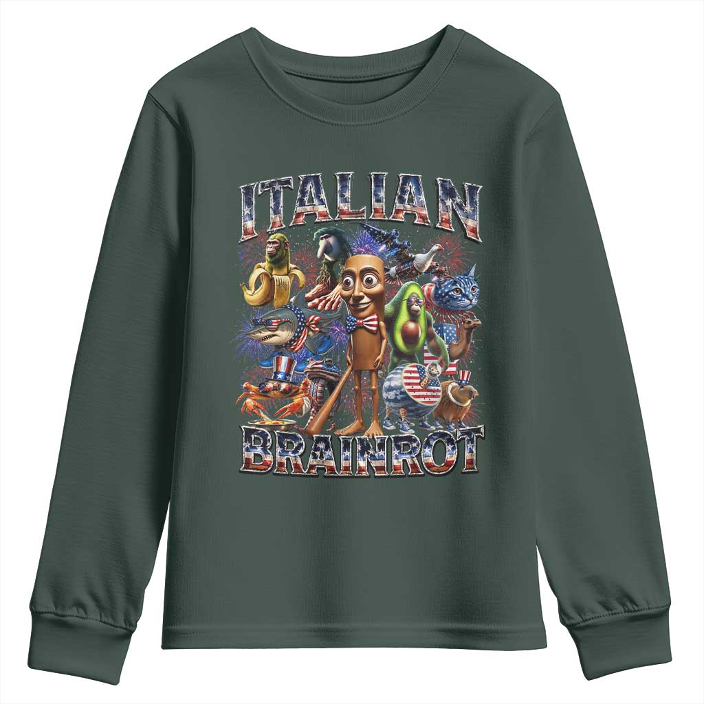 Funny Italian Brainrot Meme 4th of July Youth Sweatshirt TS14 Dark Forest Green Print Your Wear