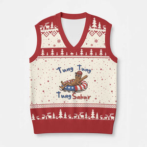Tung Tung Tung Sahur Italian Brainrot 4th of July V-Neck Knit Sweater Vest