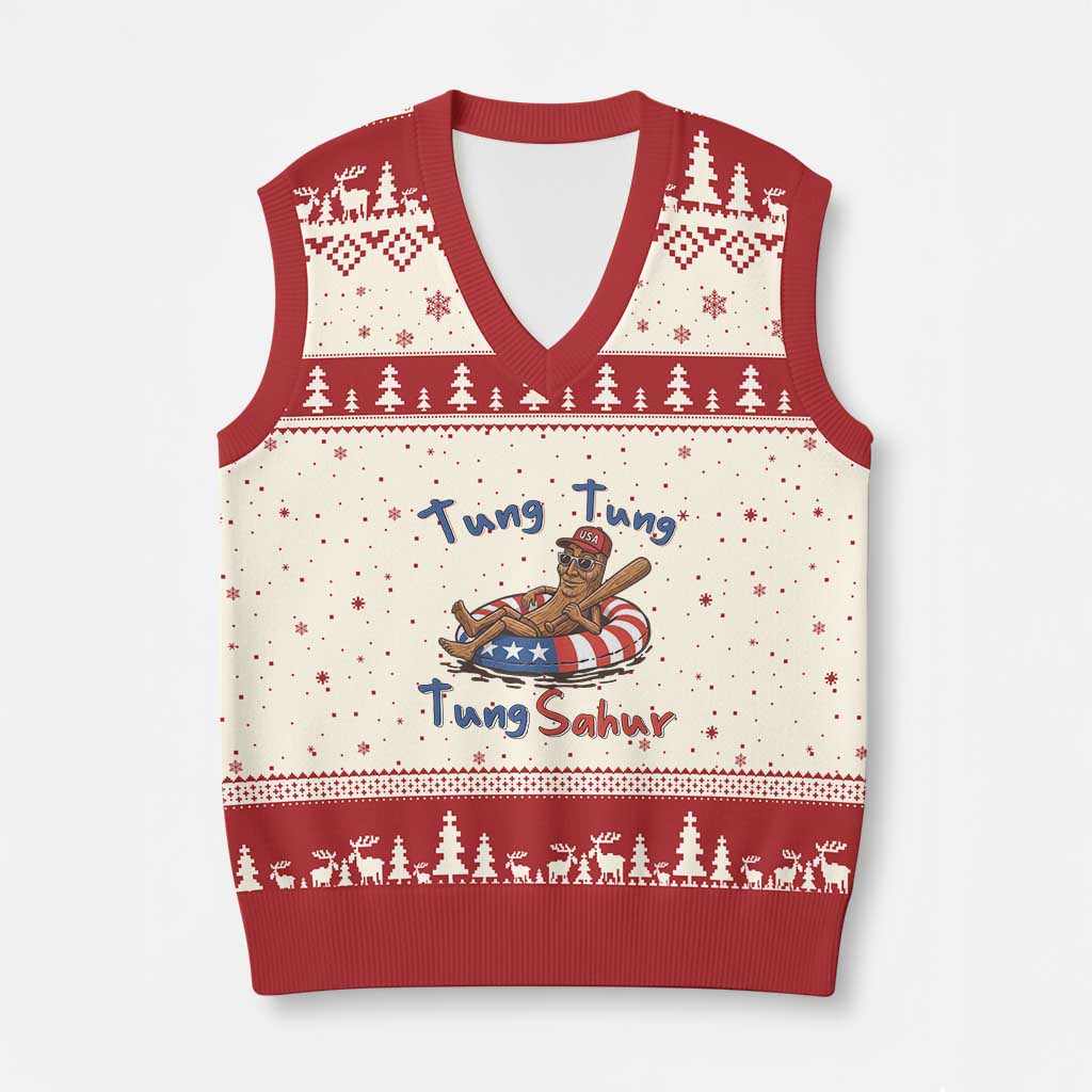 Tung Tung Tung Sahur Italian Brainrot 4th of July V-Neck Knit Sweater Vest TS14 Beige Red Print Your Wear