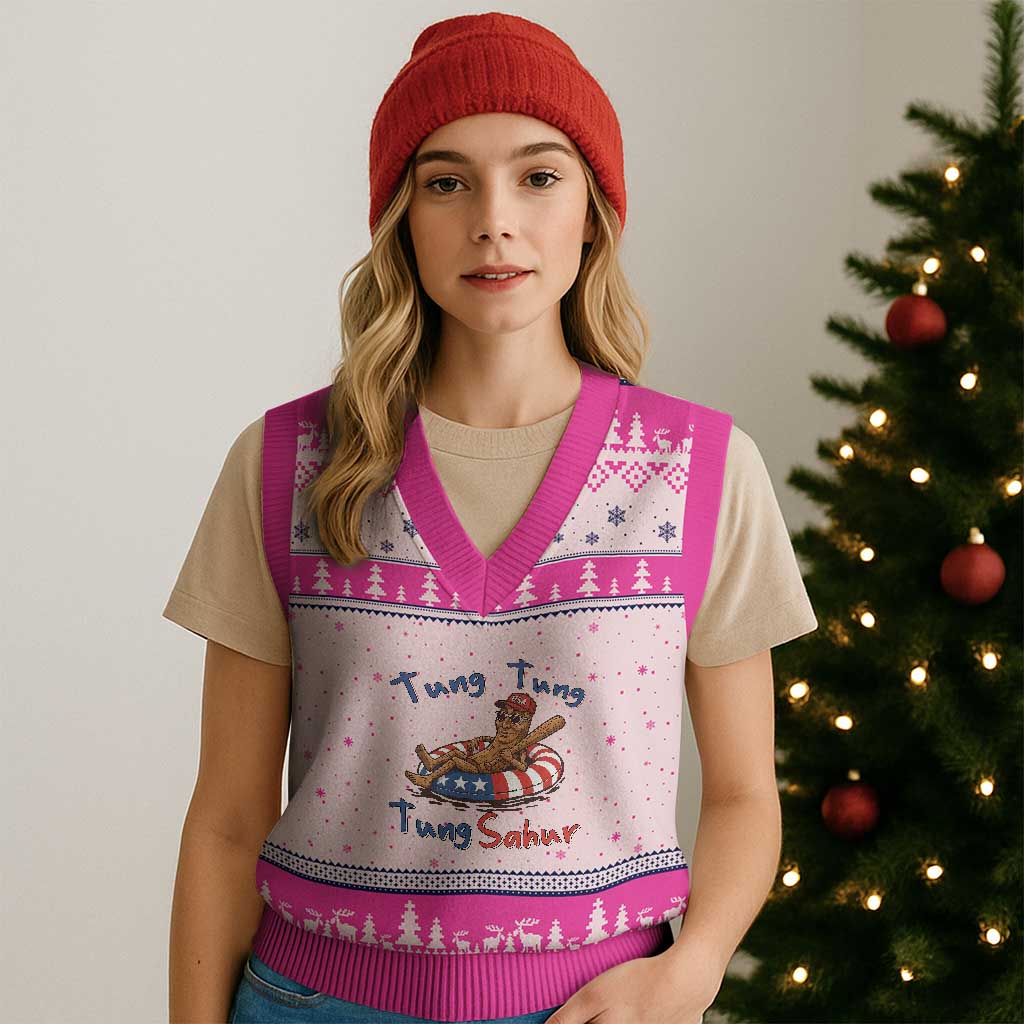 Tung Tung Tung Sahur Italian Brainrot 4th of July V-Neck Knit Sweater Vest
