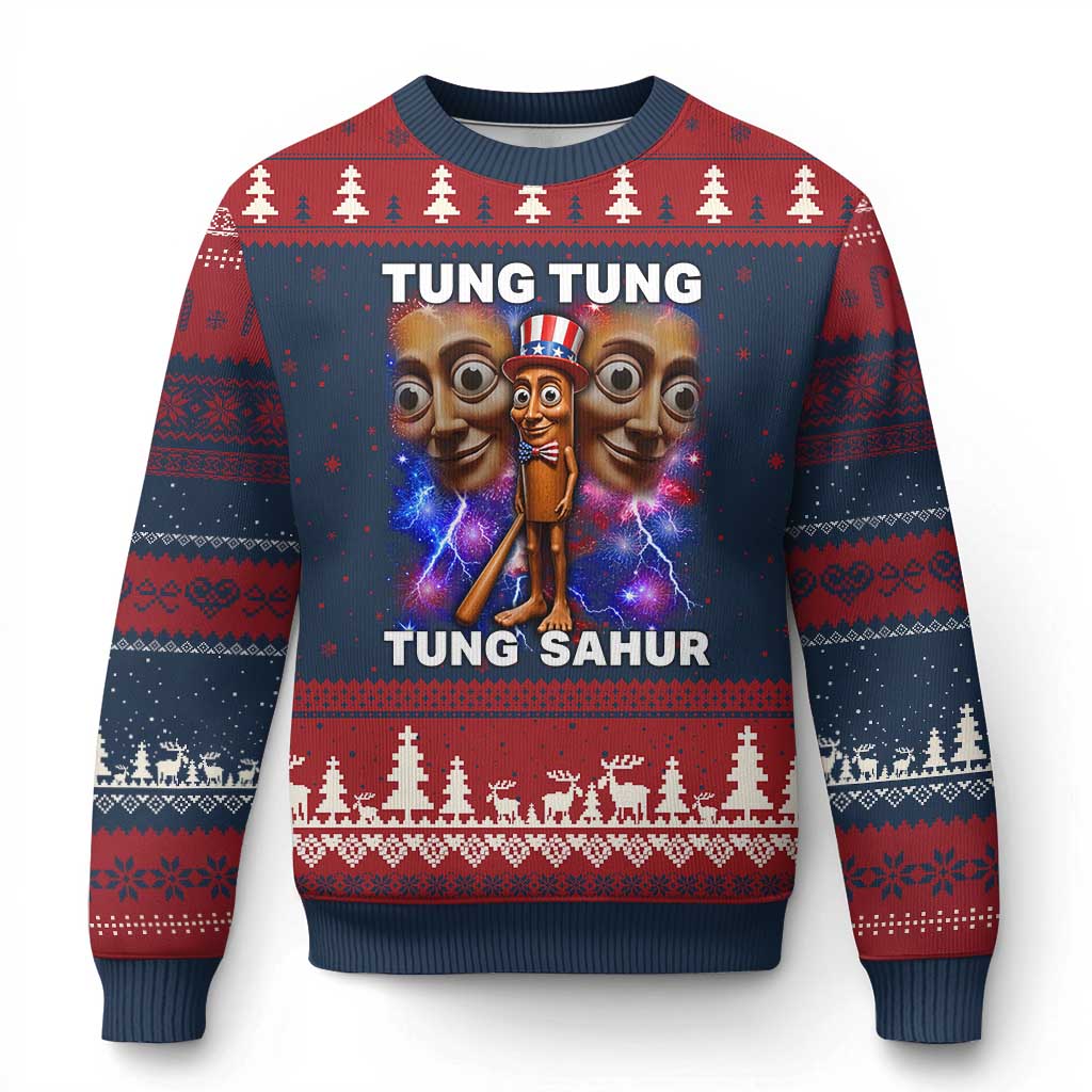 Tung Tung Sahur Italian Brainrot 4th Of July Meme Ugly Christmas Sweater TS14 Navy Red Print Your Wear