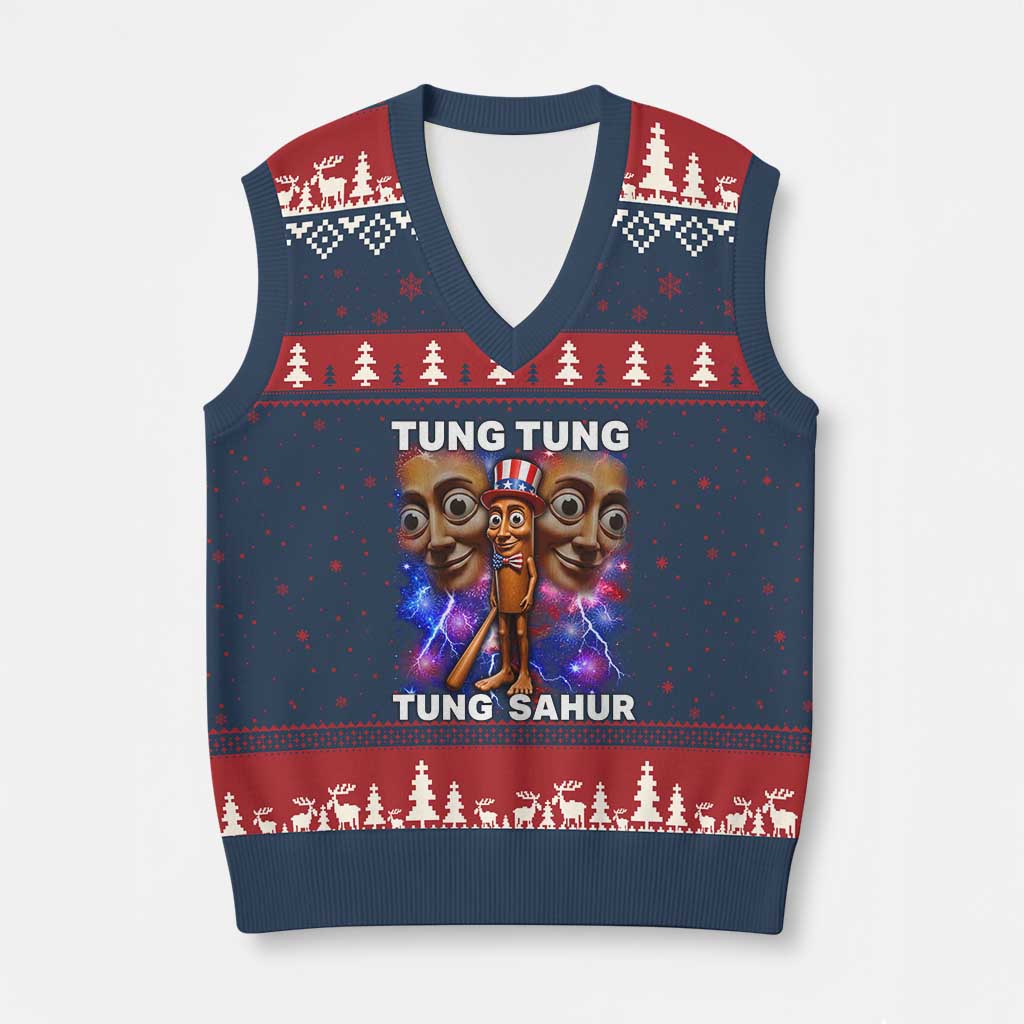 Tung Tung Sahur Italian Brainrot 4th Of July Meme V-Neck Knit Sweater Vest TS14 Navy Red Print Your Wear