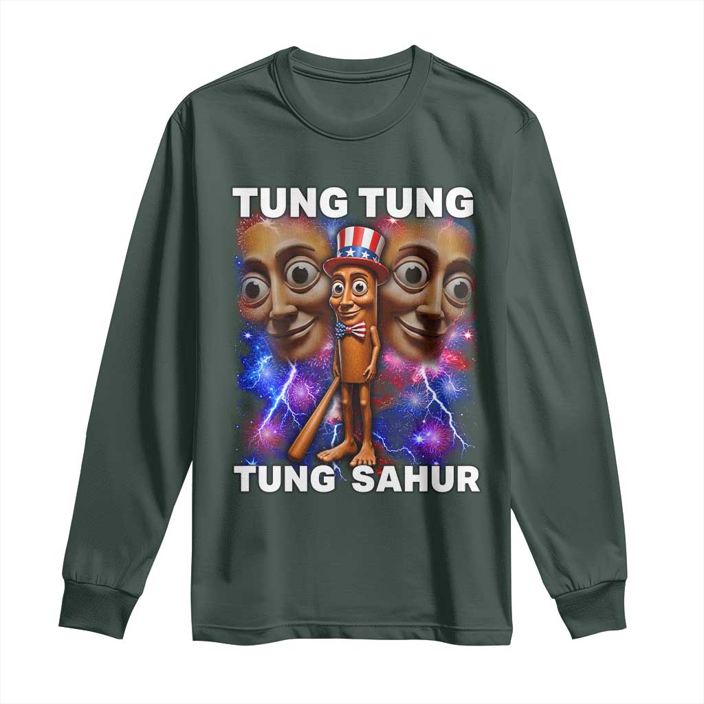 Tung Tung Sahur Italian Brainrot 4th Of July Meme Long Sleeve Shirt TS14 Dark Forest Green Print Your Wear