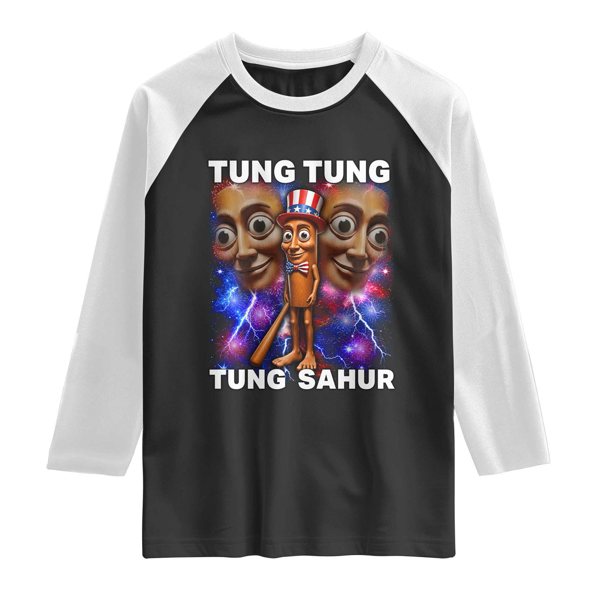 Tung Tung Sahur Italian Brainrot 4th Of July Meme Raglan Shirt TS14 Black White Print Your Wear
