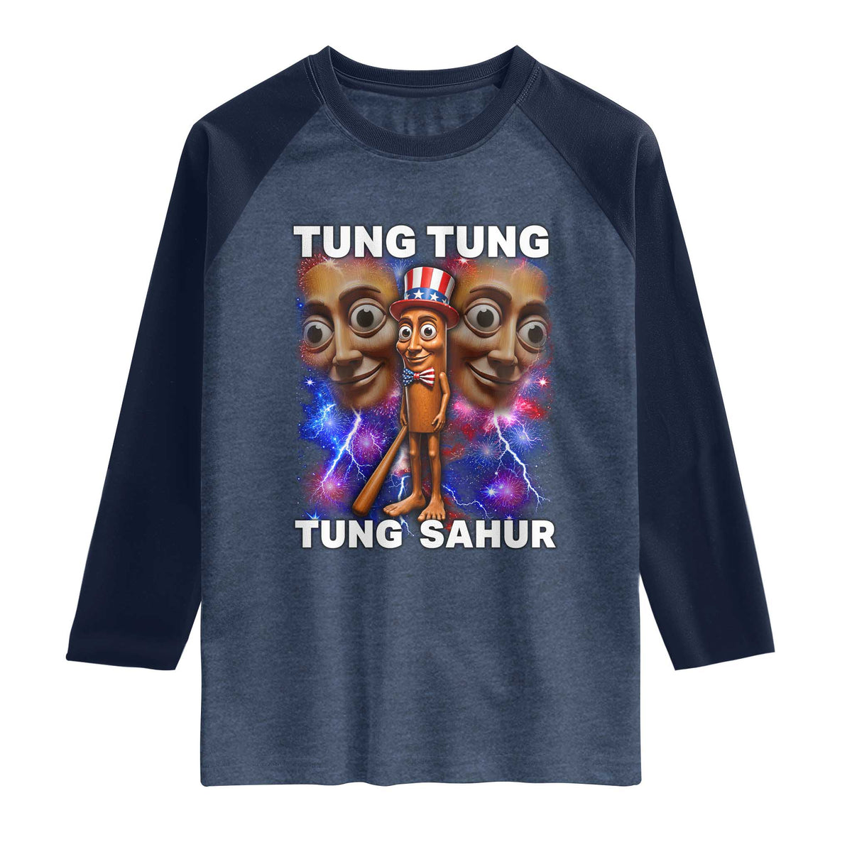 Tung Tung Sahur Italian Brainrot 4th Of July Meme Raglan Shirt TS14 Heather Denim Navy Print Your Wear
