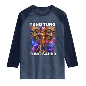 Tung Tung Sahur Italian Brainrot 4th Of July Meme Raglan Shirt TS14 Heather Denim Navy Print Your Wear