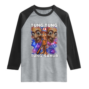 Tung Tung Sahur Italian Brainrot 4th Of July Meme Raglan Shirt TS14 Heather Gray Black Print Your Wear