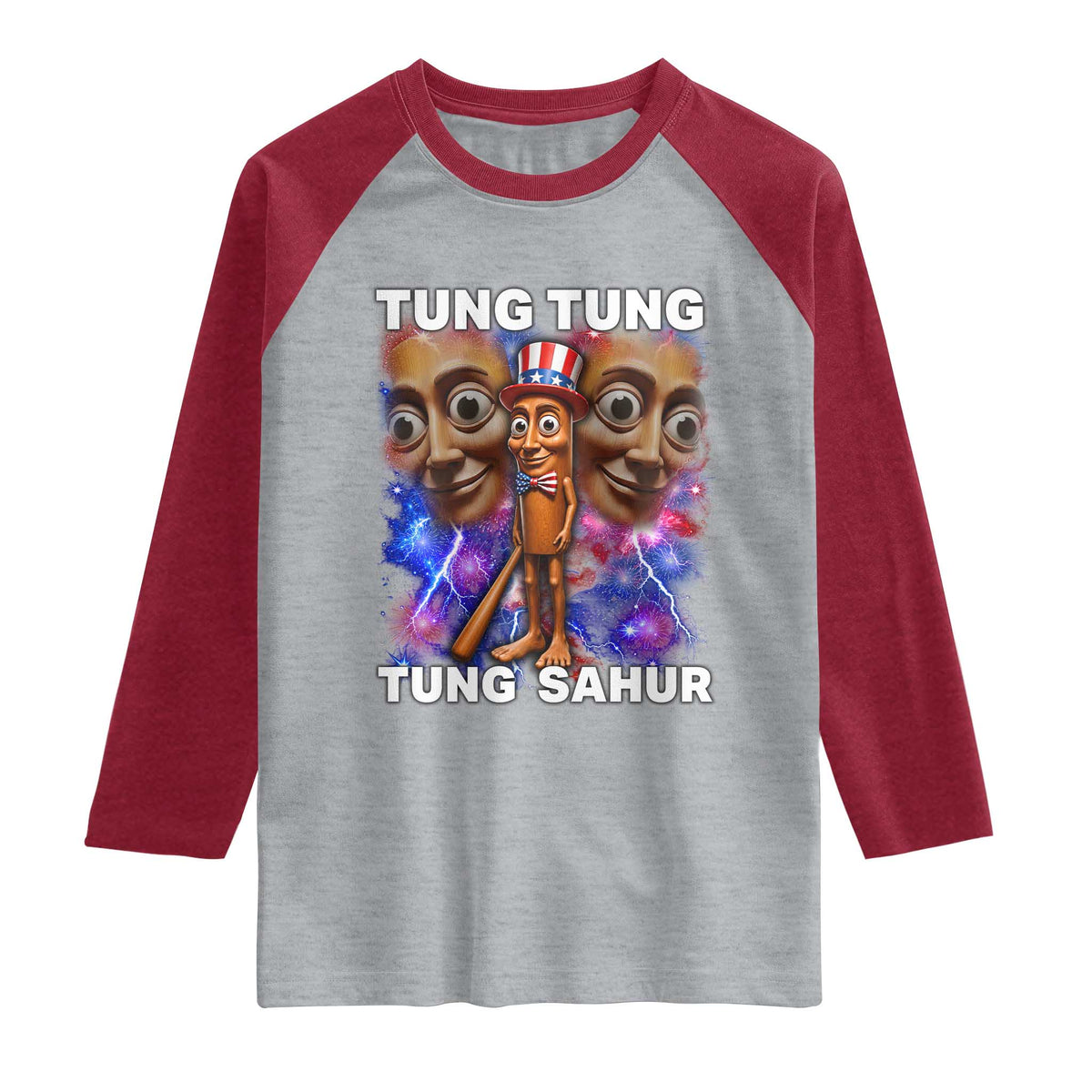 Tung Tung Sahur Italian Brainrot 4th Of July Meme Raglan Shirt TS14 Heather Gray Heather Red Print Your Wear
