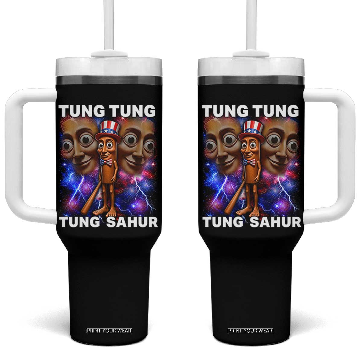 Tung Tung Sahur Italian Brainrot 4th Of July Meme Tumbler With Handle TS14 One Size: 40 oz Black Print Your Wear
