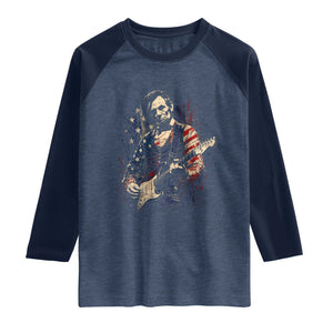 Abraham Lincoln Playing Guitar 4th of July Raglan Shirt TS14 Heather Denim Navy Print Your Wear