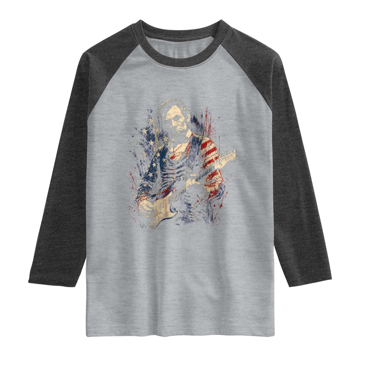Abraham Lincoln Playing Guitar 4th of July Raglan Shirt TS14 Heather Gray Heather Charcoal Print Your Wear