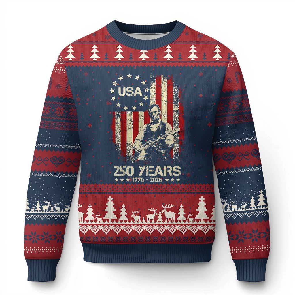 America's 250th Abraham Lincoln Playing Guitar Ugly Christmas Sweater TS14 Navy Red Print Your Wear