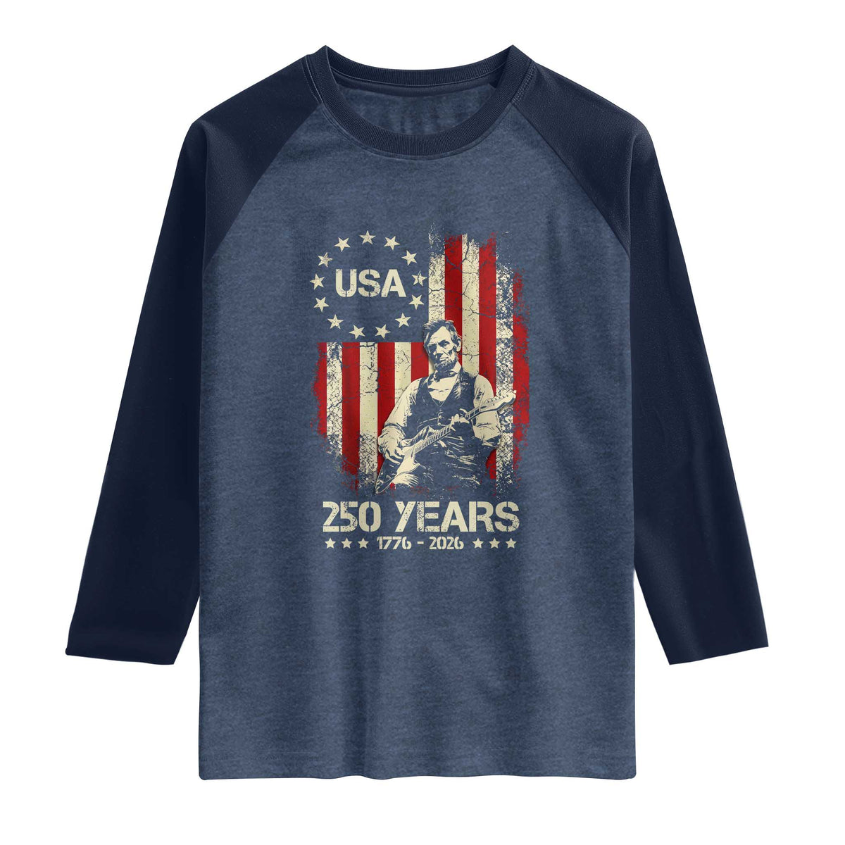 America's 250th Abraham Lincoln Playing Guitar Raglan Shirt TS14 Heather Denim Navy Print Your Wear