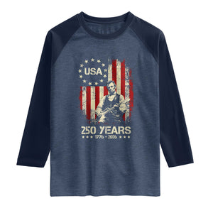 America's 250th Abraham Lincoln Playing Guitar Raglan Shirt TS14 Heather Denim Navy Print Your Wear