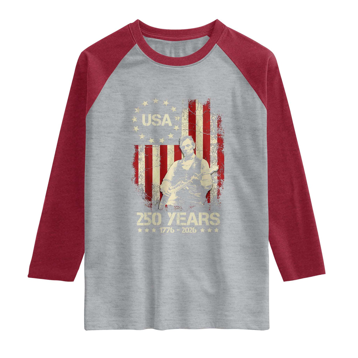 America's 250th Abraham Lincoln Playing Guitar Raglan Shirt TS14 Heather Gray Heather Red Print Your Wear