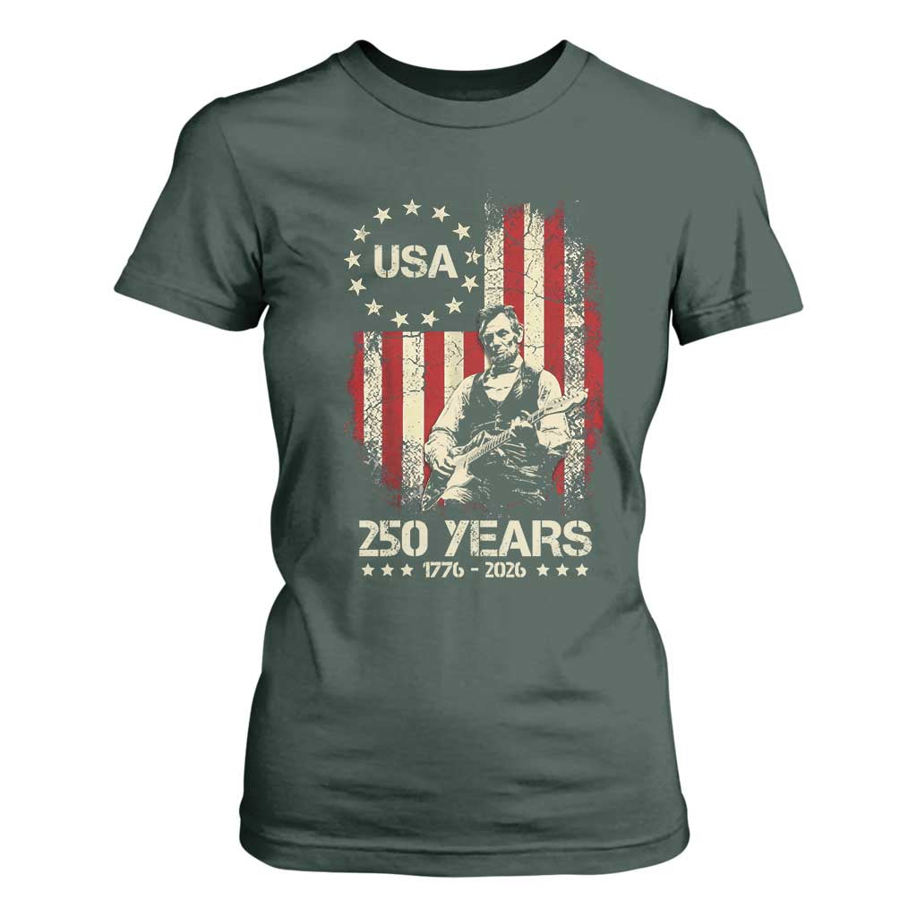 America's 250th Abraham Lincoln Playing Guitar T Shirt For Women TS14 Dark Forest Green Print Your Wear