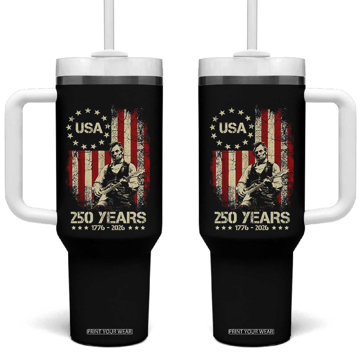 America's 250th Abraham Lincoln Playing Guitar Tumbler With Handle TS14 One Size: 40 oz Black Print Your Wear