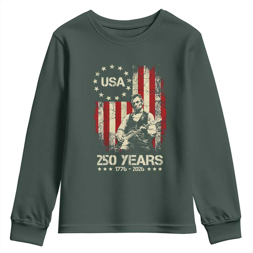 America's 250th Abraham Lincoln Playing Guitar Youth Sweatshirt TS14 Dark Forest Green Print Your Wear